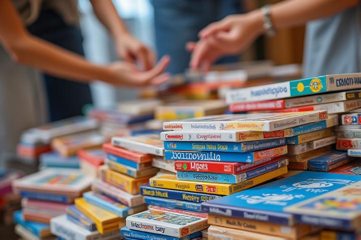 Table piled high with donated board games during a charity drive event