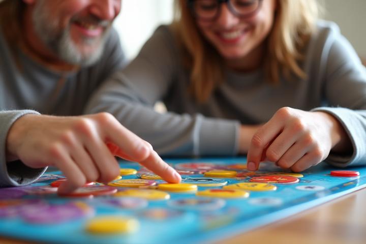 Experienced gamer mentoring a new player, explaining game rules with friendly gestures