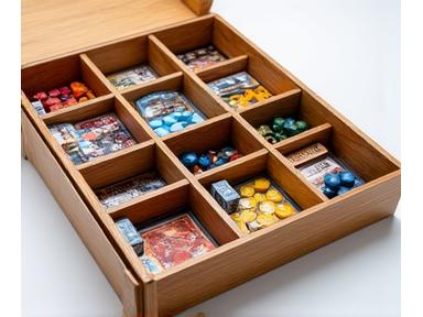 Deluxe wooden insert board game organizer showing neatly sorted components.