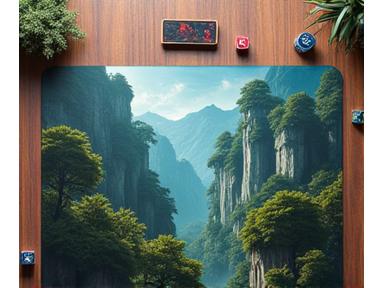 Large, thematic neoprene playmat with fantasy art, laid out with dice and cards.