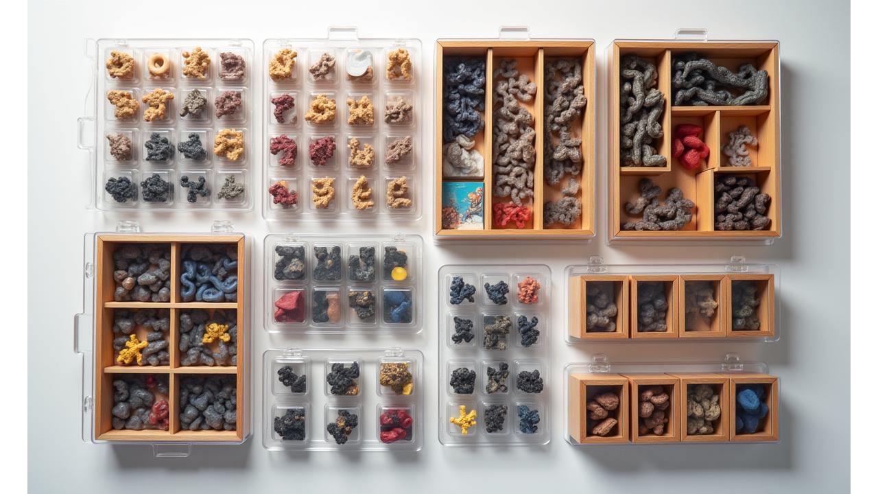 Grid of various board game organizers and storage solutions, showcasing neat and tidy game components.