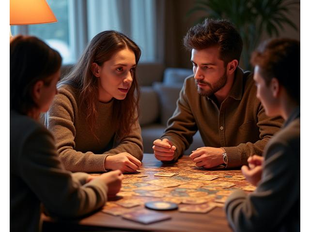 People gathered around a table with a storytelling game, deep in discussion and laughter
