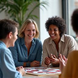 Diverse group of friends smiling and interacting, symbolizing successful invitations to a gaming event