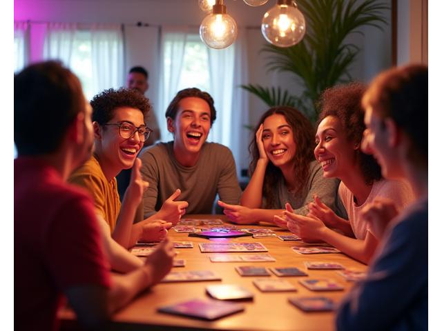 Diverse group playing a lively party game like Codenames or Wavelength, smiling and gesturing enthusiastically