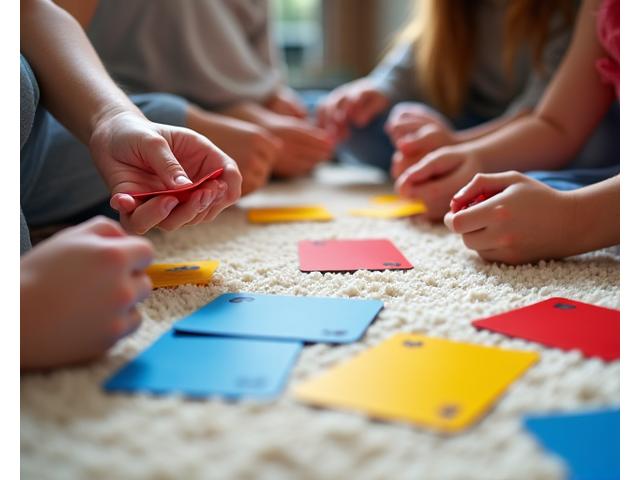 Brightly colored, oversized playing cards spread out on a living room floor, with children's hands reaching for them playfully.