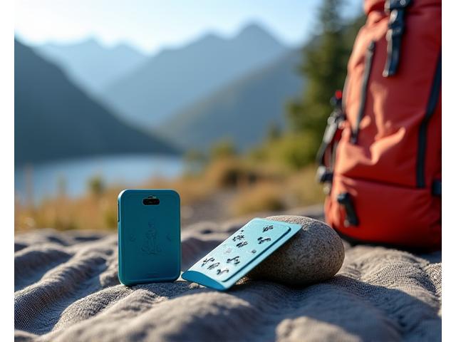A compact, waterproof playing card deck on a picnic blanket next to a backpack, with travel scenery in the background.