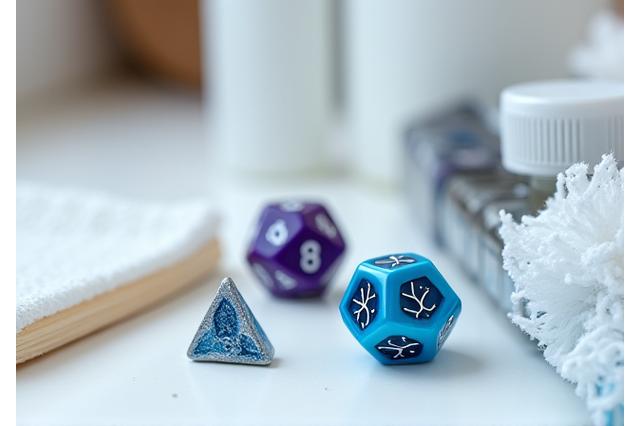 A small cleaning brush and polishing cloth near a collection of dice, implying maintenance.