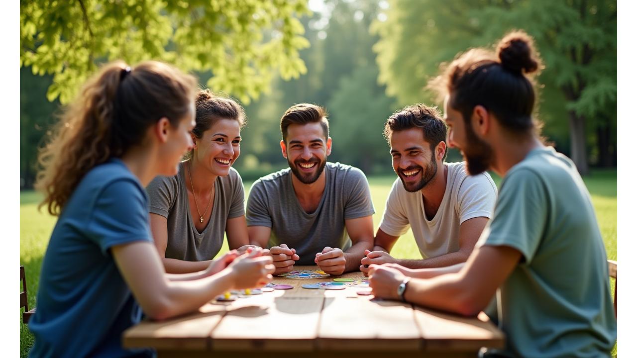 Diverse group of gamers smiling and playing a board game outdoors in a park, surrounded by trees and natural light.