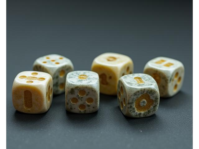 Set of gaming dice made from recycled plastic, in natural earth tones.
