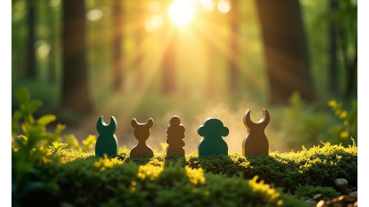 Lush green forest scene with stylized board game pieces made from wood and recycled plastic, bathed in warm sunlight.