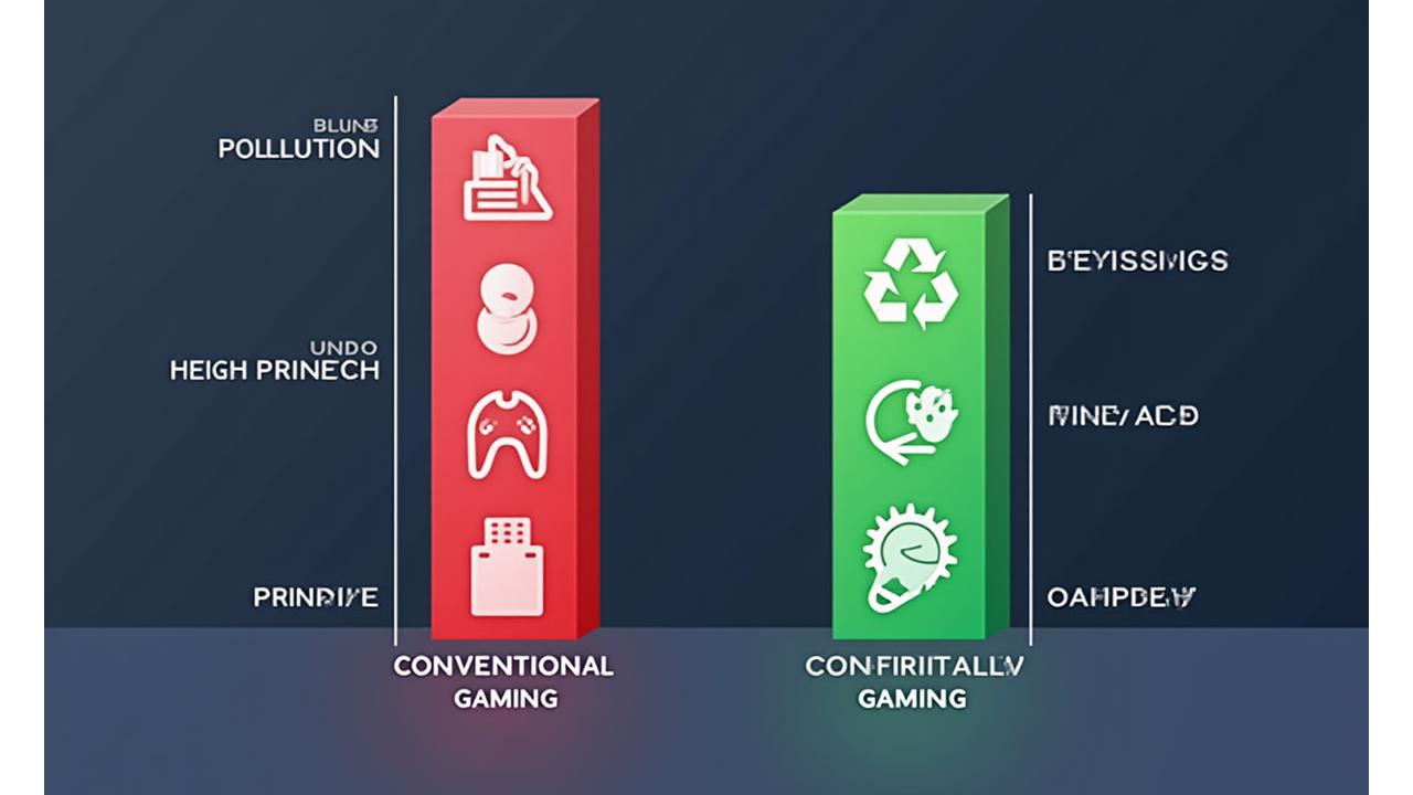 Infographic showing a comparison between conventional and eco-friendly gaming product footprints, with eco-friendly showing significantly lower carbon and waste.