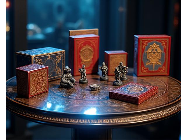 A collector's display of rare, limited edition board game boxes and miniatures, glowing with an exclusive aura.