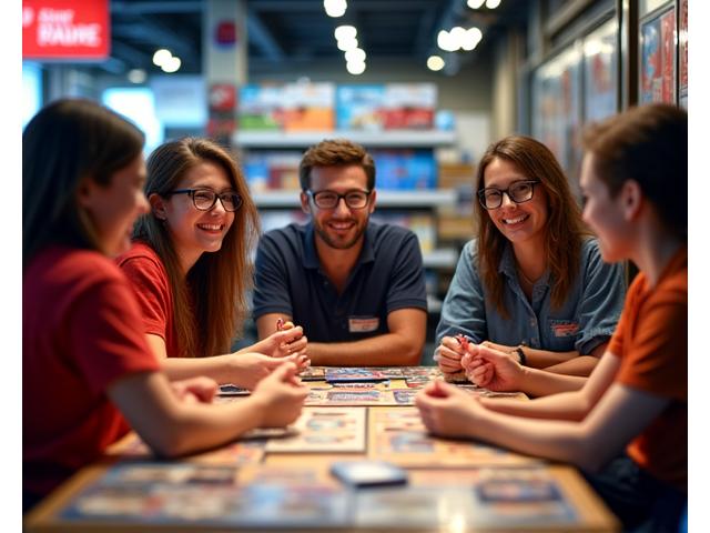Friendly team members collaborating in a vibrant gaming environment with board games and accessories