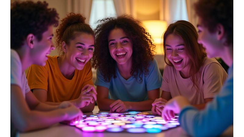 Diverse group of happy gamers around a table, one holding up a game component looking satisfied, vibrant, community feel